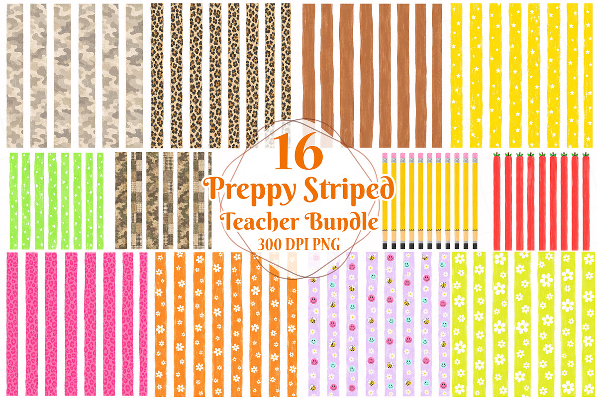 Preppy Striped Teacher PNG Bundle, a Seasonal Illustration by OK Design (Photo 1 of 6)