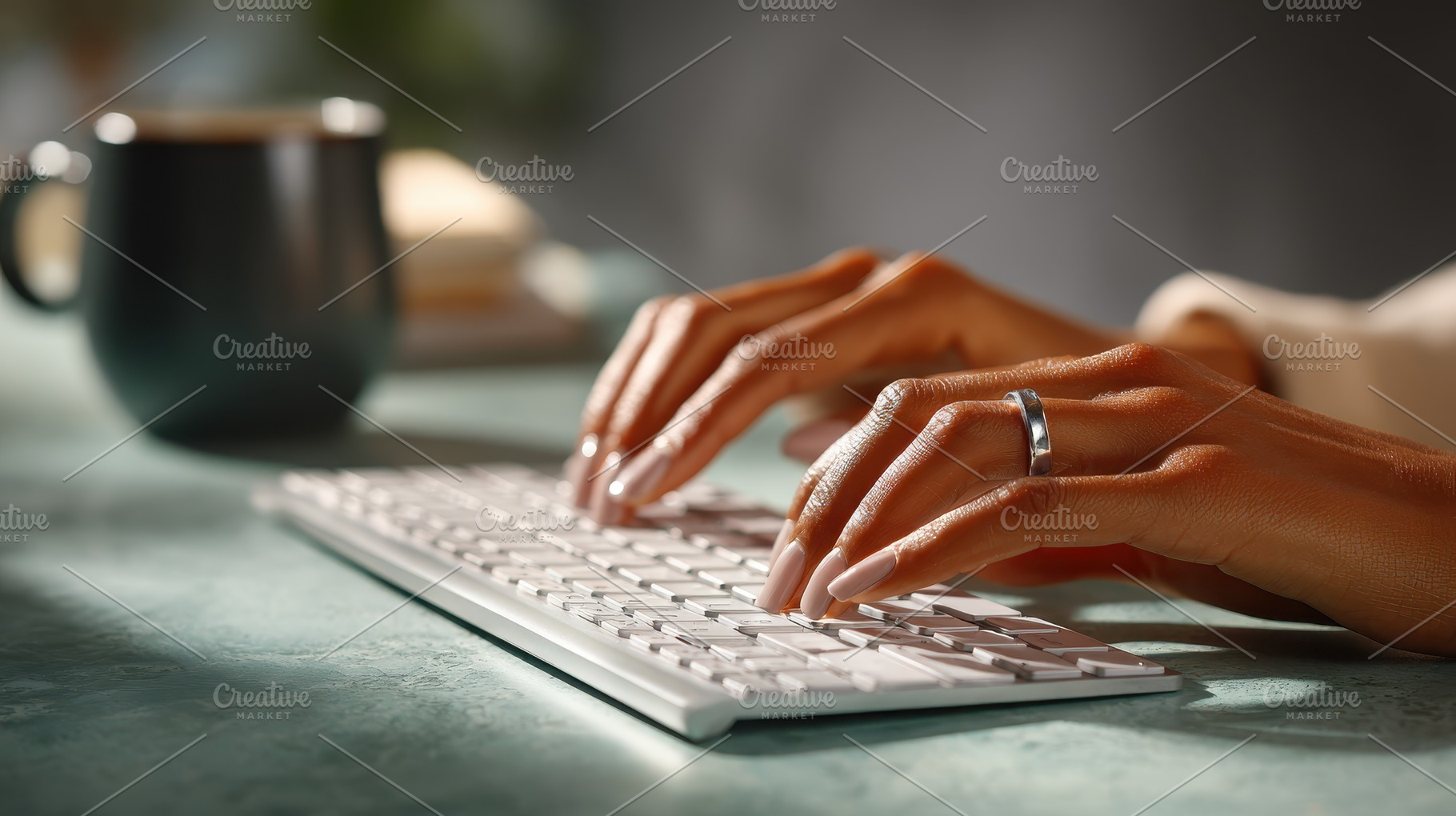 Woman's hands typing on a wireless k, a Photo by Pixeness Studio