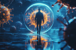 Virus particles surround man walking, a Photo by Pavel_design