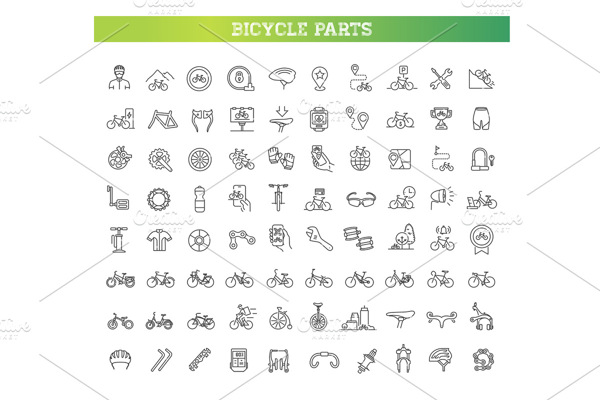 Bicycle and Parts line icons, a Transportation Illustration by Tettygreen