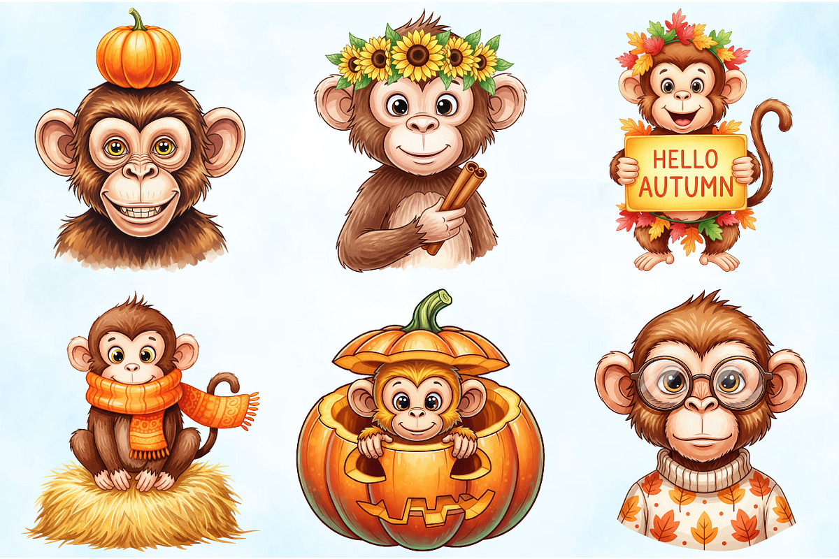 Watercolor Autumn Monkey Clipart, an Illustration by Craft Nest (Photo 4 of 6)