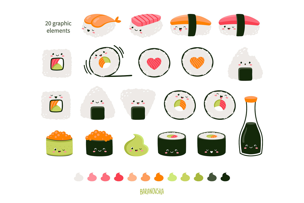 Kawaii sushi. Clipart & patterns, a Food Illustration by Baranovska (Photo 2 of 7)
