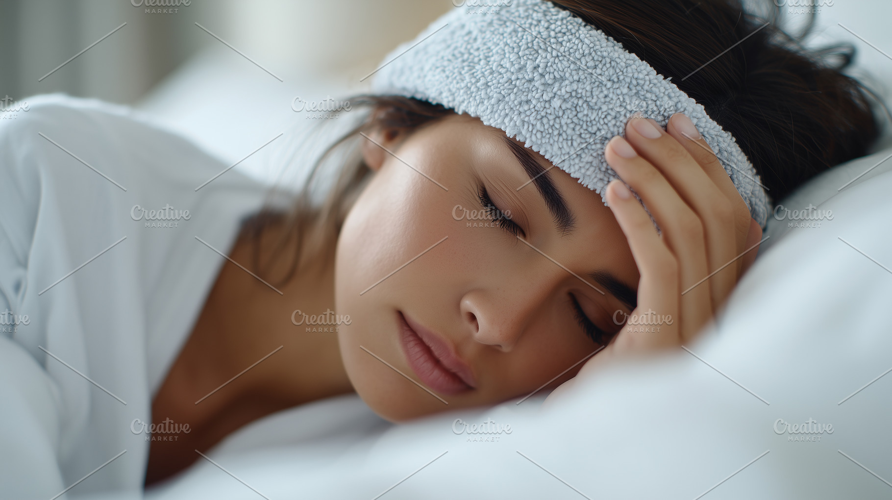 Young woman with a fever lies in bed, a Health & Medical Photo by MistyDay