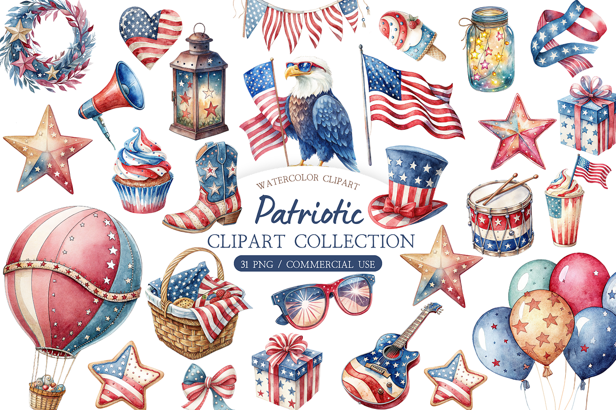 Watercolor 4th of July Kids Clipart, a Decorative Illustration by MockupWizard (Photo 1 of 5)