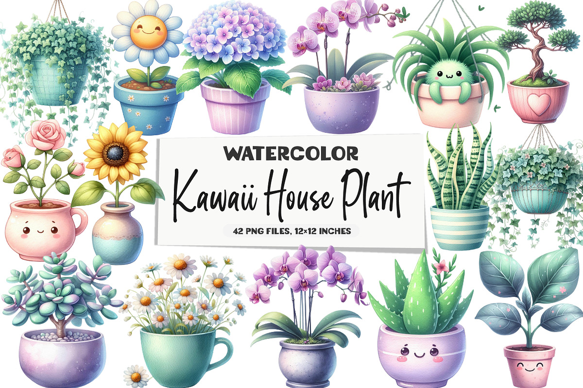 Watercolor Kawaii House Plant Clipar, an Illustration by DreamArtGraphic (Photo 1 of 5)
