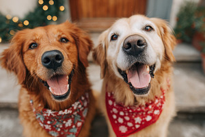 Happy dogs in festive bandanas on a decorated porch, an Animal Photo by AlyaAnd