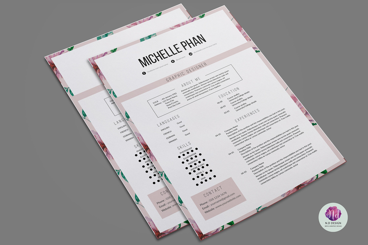Floral 1 page resume template, a Resume Template by Chic templates (Photo 4 of 4)