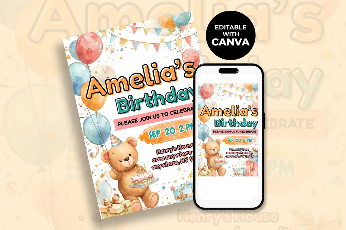 Cute Teddy Bear Birthday Invitation, an Invitation Template by M9 Design (Photo 2 of 4)