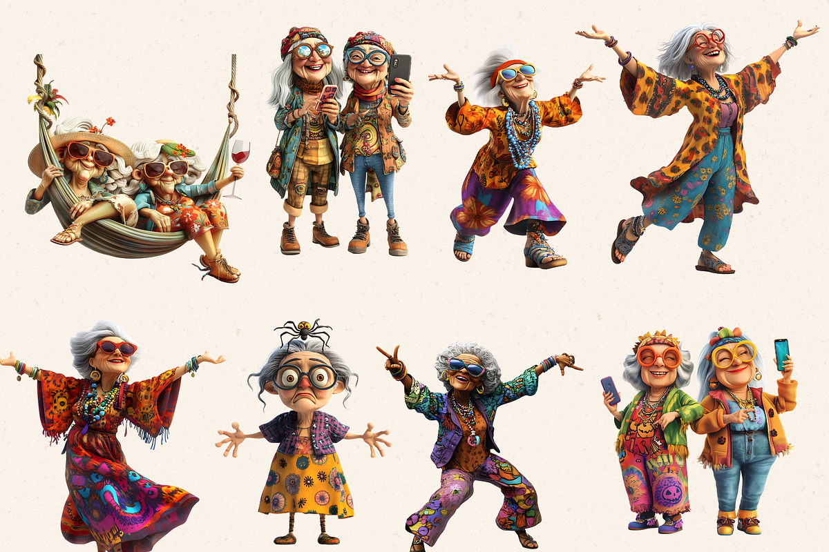 HIPPIE OLD LADY NANA CLIPART PACK, a Person Illustration by Daring Digies (Photo 5 of 9)