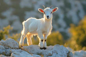 Young goat stands on rocks with a bl, a Photo by Tanuart