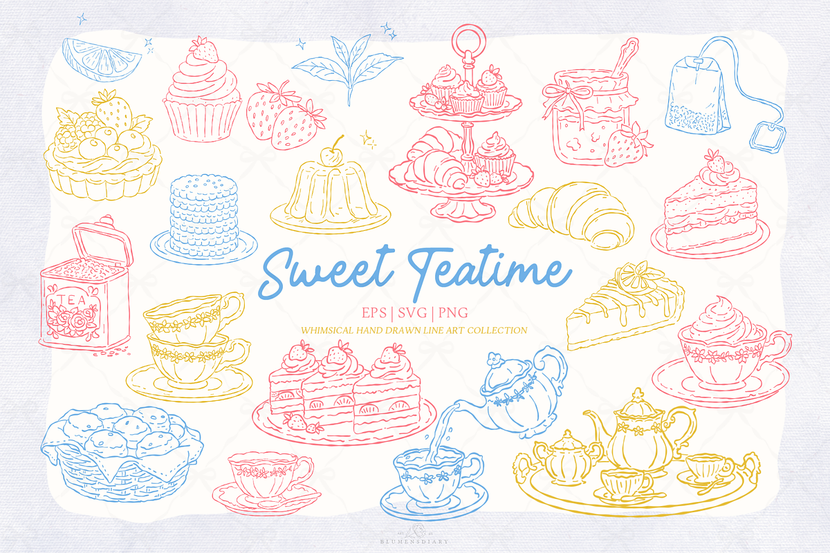 Afternoon Tea Desserts Line Art, a Decorative Illustration by Blumensdiary (Photo 1 of 6)