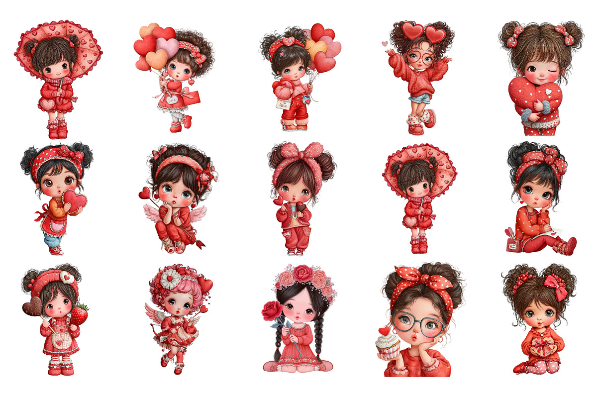 Cute Little Valentine Girls Clipart, an Illustration by DreamArtGraphic (Photo 3 of 4)