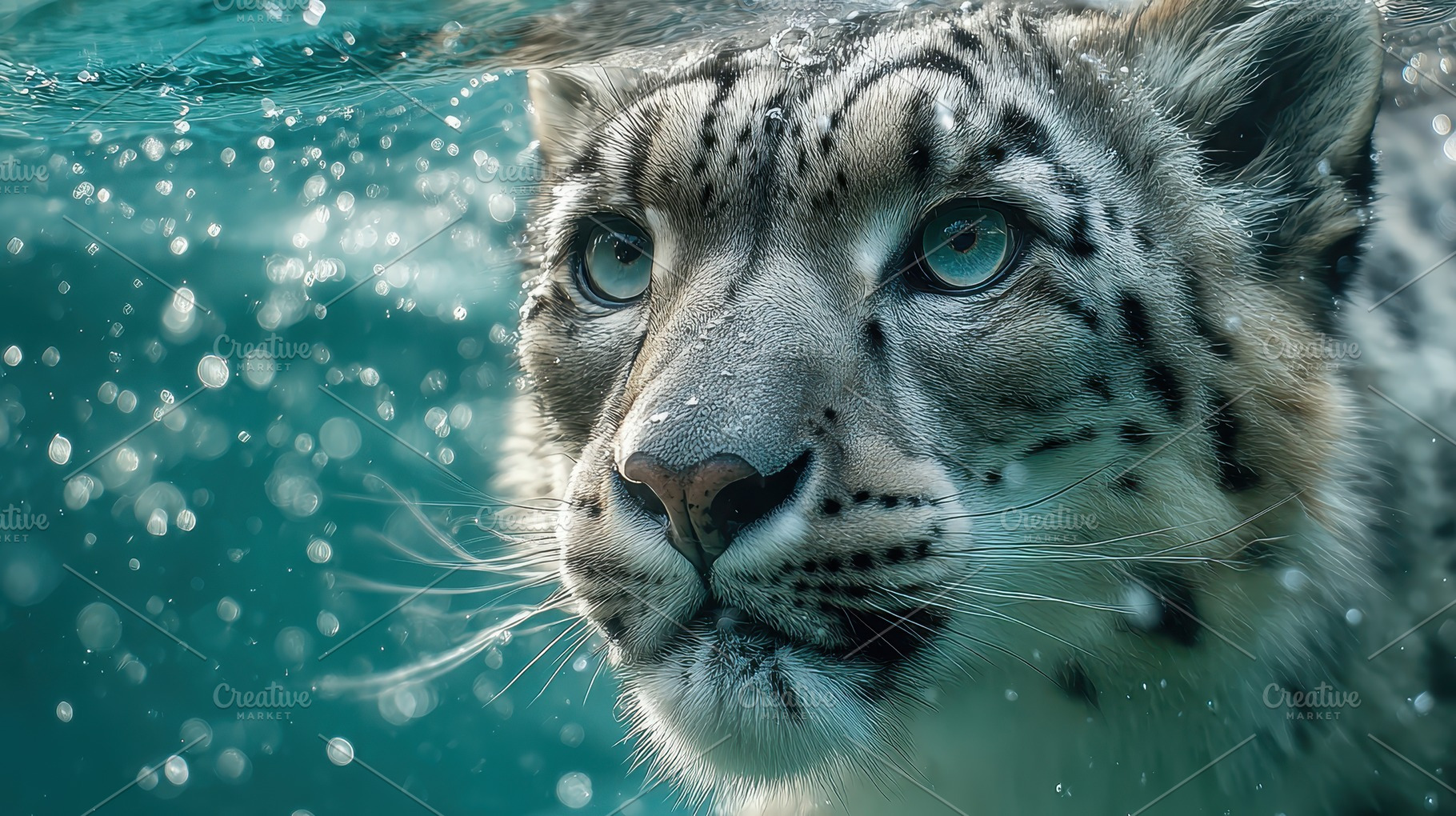 Snow Leopard Underwater Majestic Cre, a Photo by Pixeness Studio