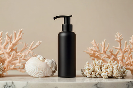 Black cosmetic pump bottle and coral, a Photo by Pavel_design