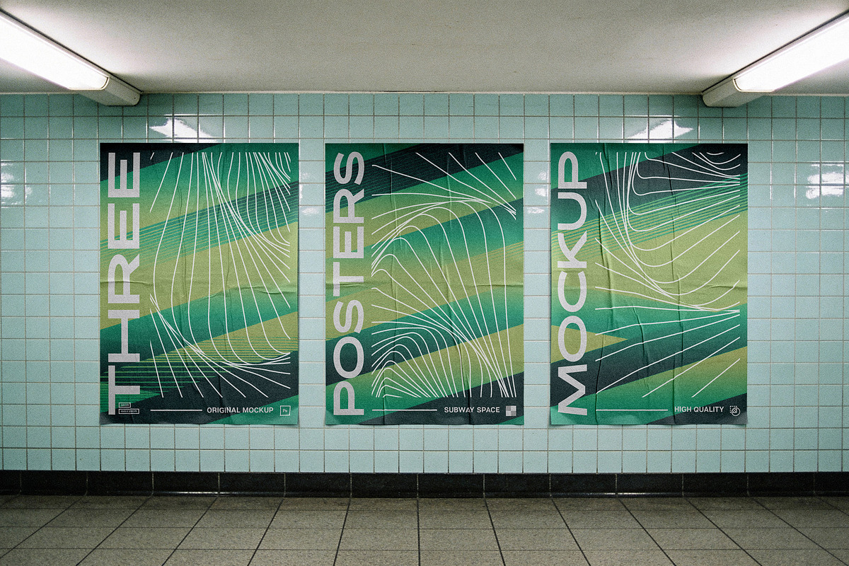 Glued Posters Mockup on Tile Wall, an Advertising Mockup by Design Squad (Photo 1 of 5)