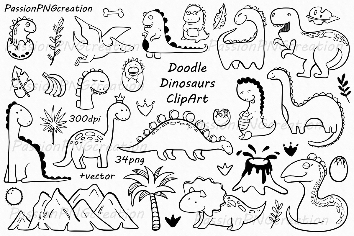 Doodle Dinosaur Clipart, an Animal Illustration by PassionPNGcreation (Photo 1 of 2)