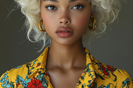 Elegant fashion portrait of a model in vibrant floral attire, a Photo by AS photostudio