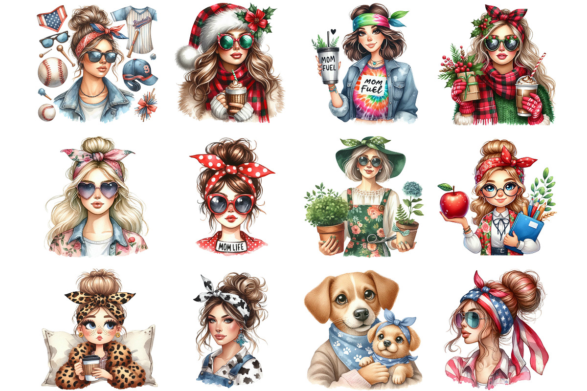Messy Bun Bandana Mom Life Clipart, a Seasonal Illustration by DreamArtGraphic (Photo 4 of 4)