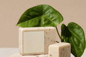 Stone soap bar and green leaf, a Photo by Virgo Studio