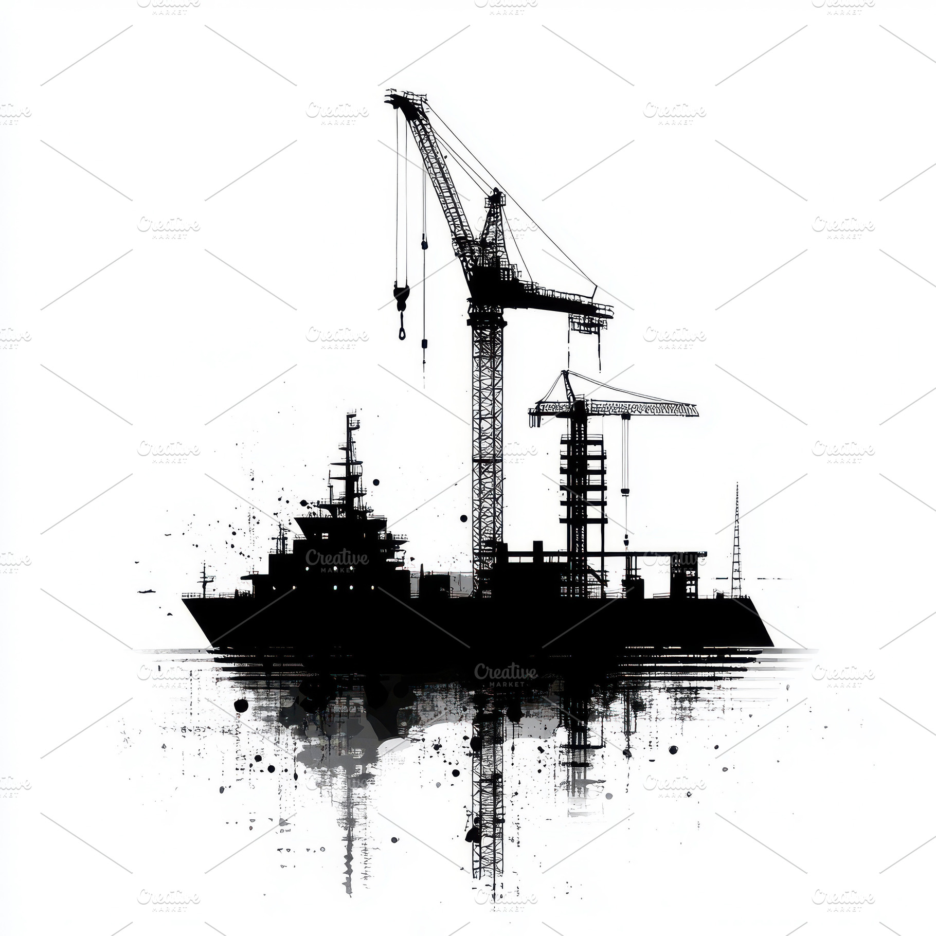Silhouette of a ship with cranes on, an Abstract Photo by Pixeness Studio