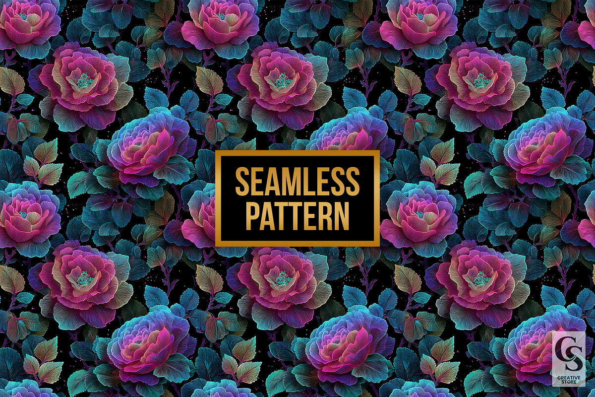 Neon Glowing Rose Flower Pattern, a Pattern Graphic by Creative Store (Photo 4 of 5)