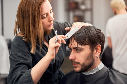 Handsome blue eyed man sitting in ba featuring man, scissors, and salon, a Person Photo by andreonegin market