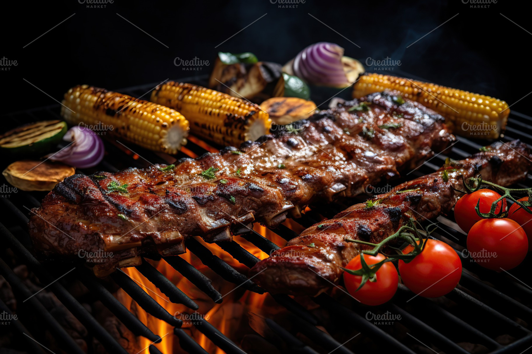 BBQ marinated meat with vegetables on the grill, a Food & Drink Photo by AlyaAnd