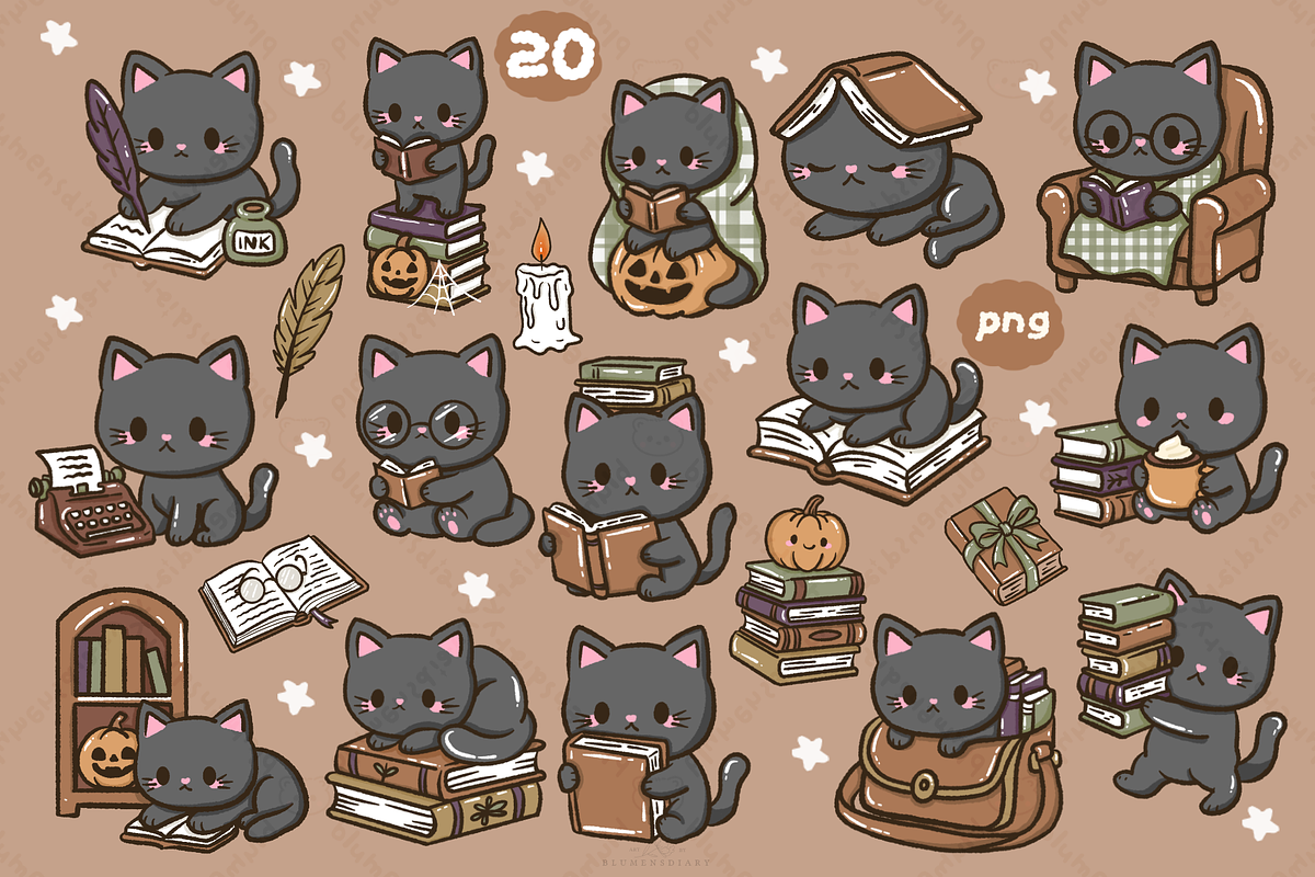 Bookish Black Cat Kawaii Clipart, an Animal Illustration by Blumensdiary (Photo 2 of 7)