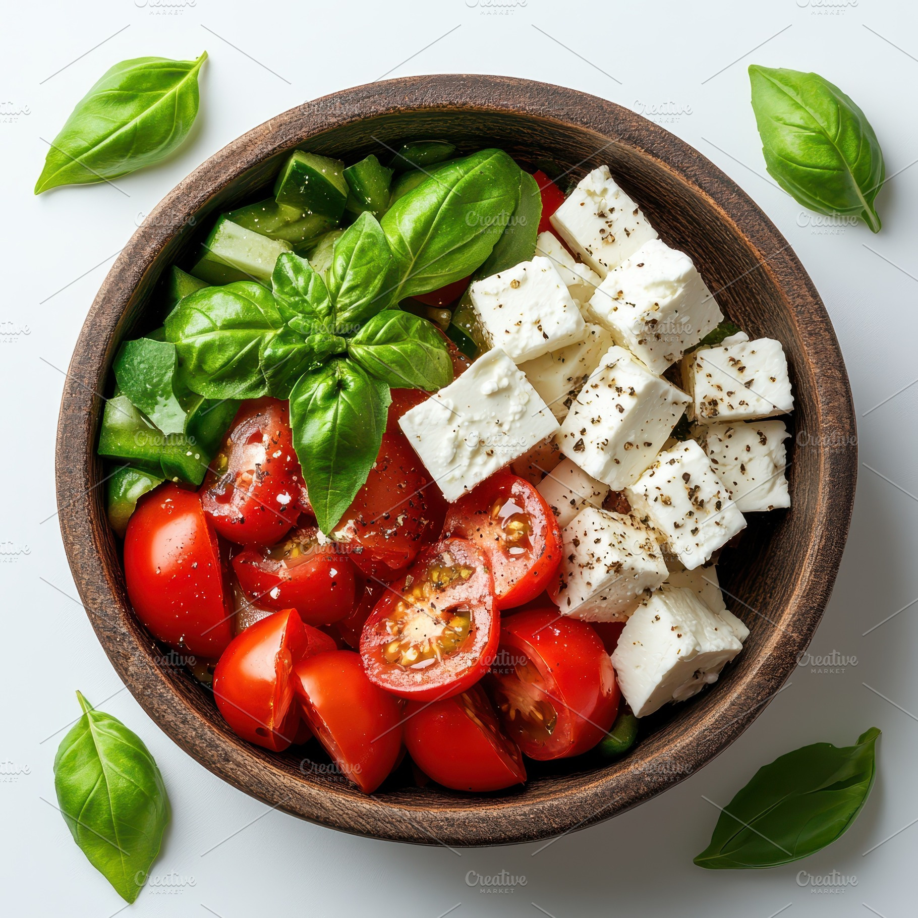 Fresh Feta Tomato Cucumber Basil Sal, a Food & Drink Photo by Pixeness Studio
