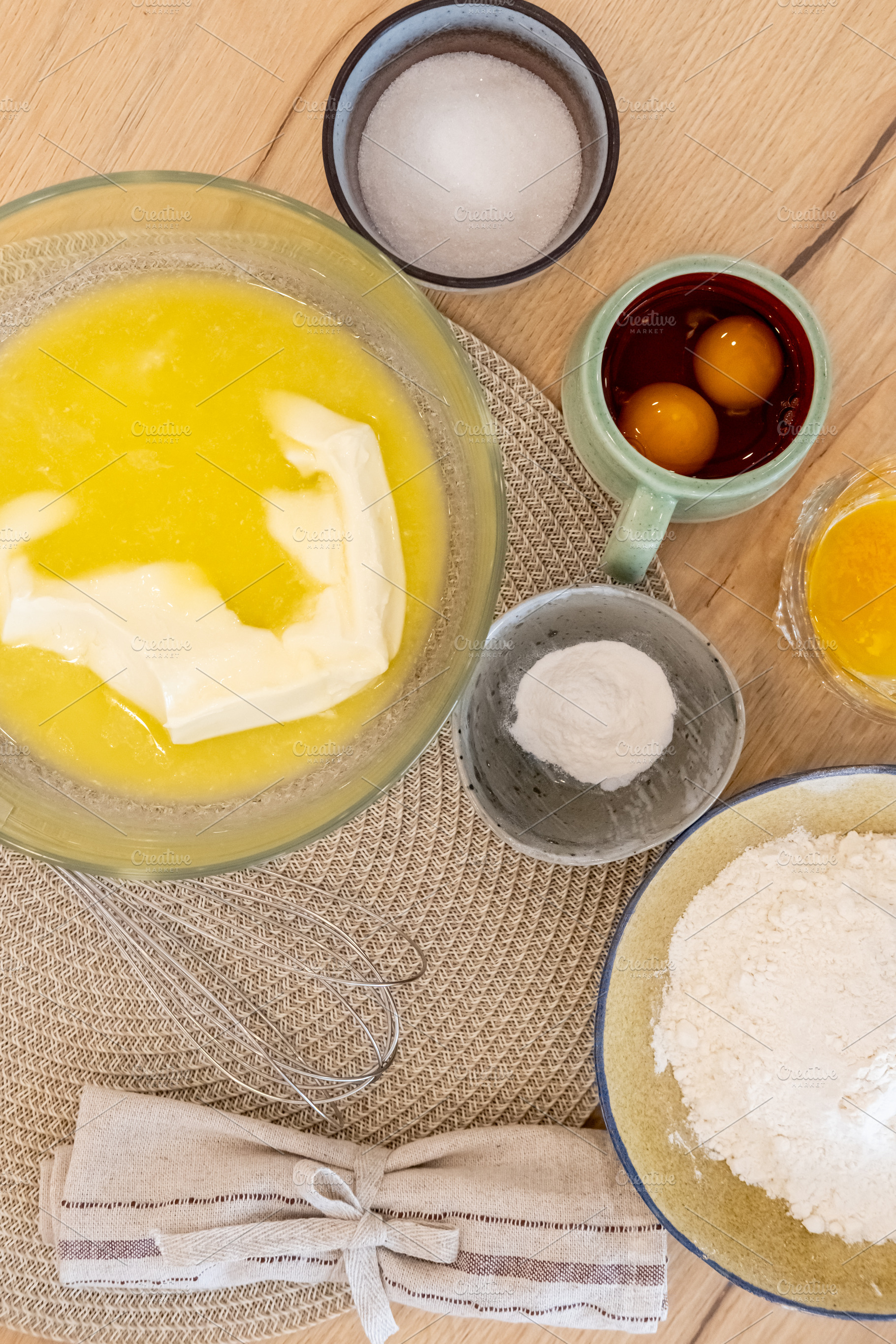 Baking ingredients home recipe bowls background, a Food & Drink Photo by Photo Drive Studio