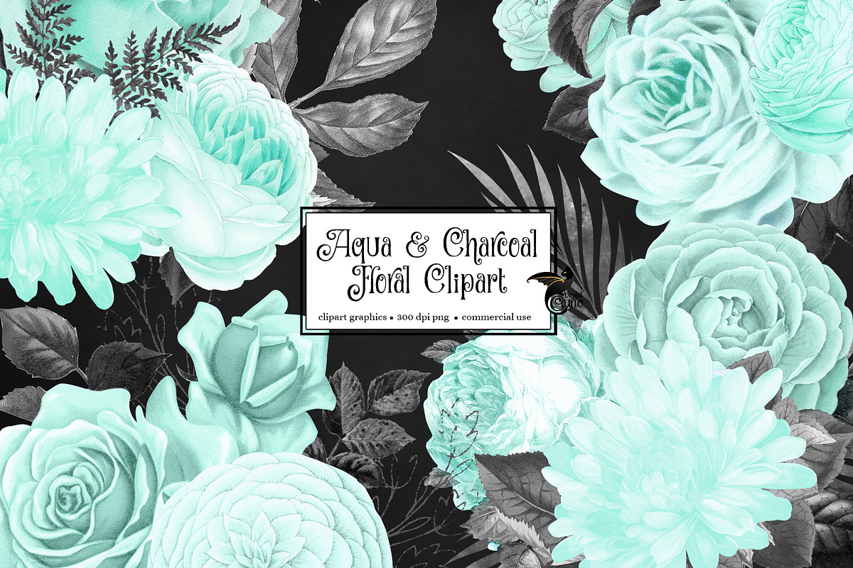 Aqua and Charcoal Floral Clipart, an Illustration by Digital Curio