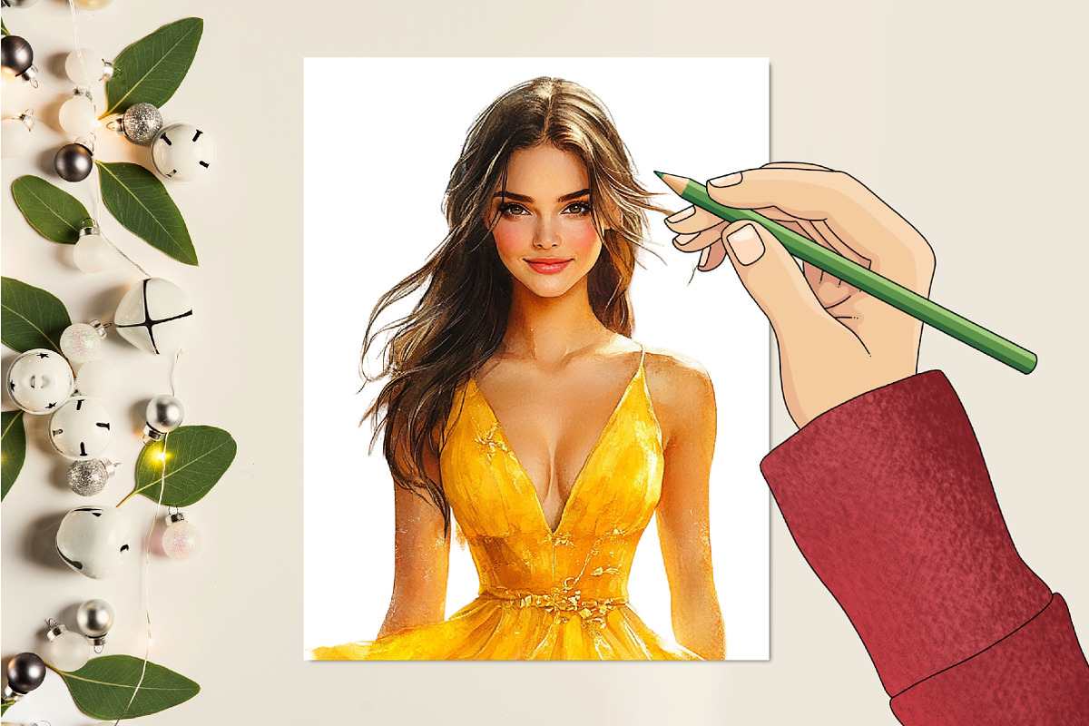 Gold Spring Woman Watercolor Clipart, a Person Illustration by RobertsArt (Photo 6 of 7)