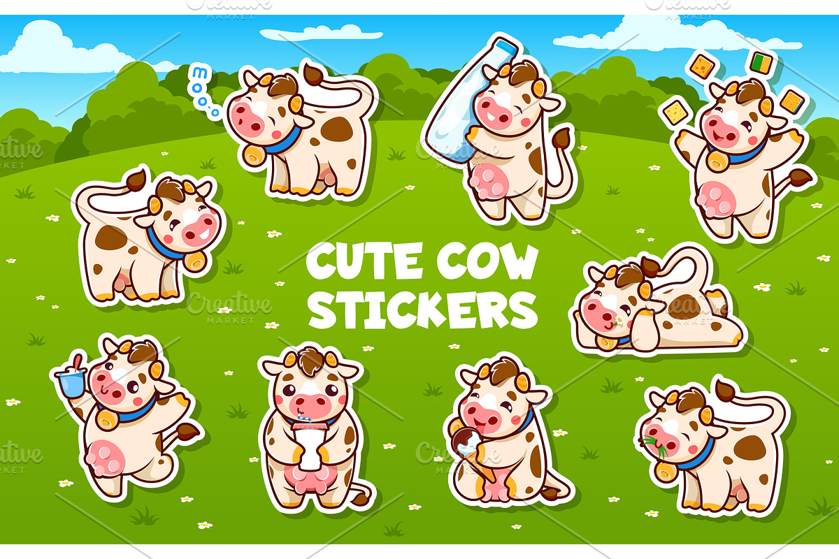 Cartoon cow characters stickers, an Animal Illustration by Vector Tradition