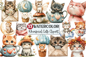 Whimsical Cat Watercolor Clipart, an Animal Illustration by Rose Art