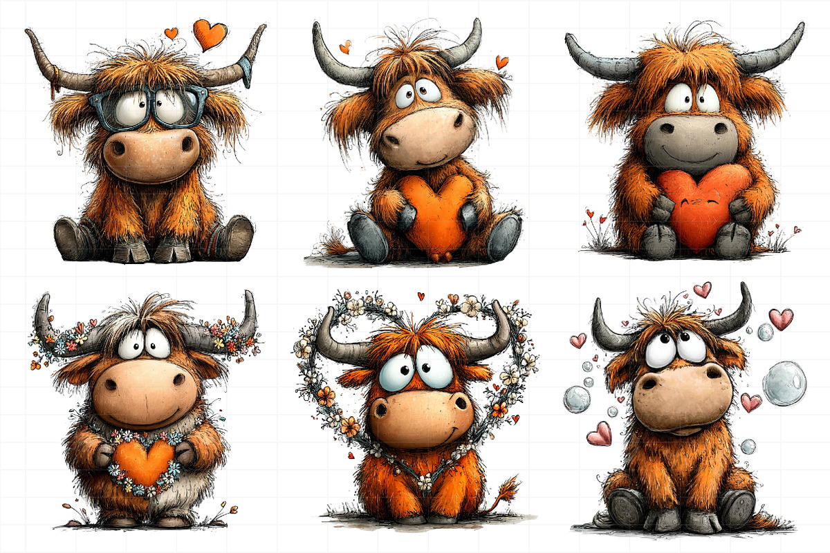Quirky Valentine Highland Cow Clipar, an Illustration by Daily.Designs (Photo 5 of 8)