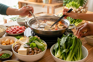 Hot pot party featuring fresh ingred, a Photo by Dvoevnore photos