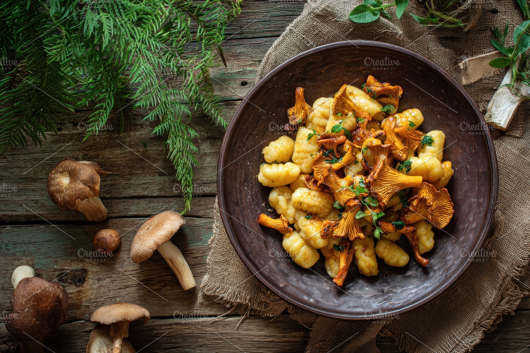 Plate of gnocchi with chanterelle, a Photo by Pavel_design