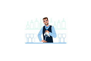 Bartender polishing glasses in a bar, a Food Illustration by pikepicture
