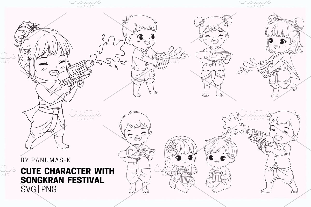 Cute Character with Songkran Festiva, an Illustration by PKshop (Photo 1 of 3)