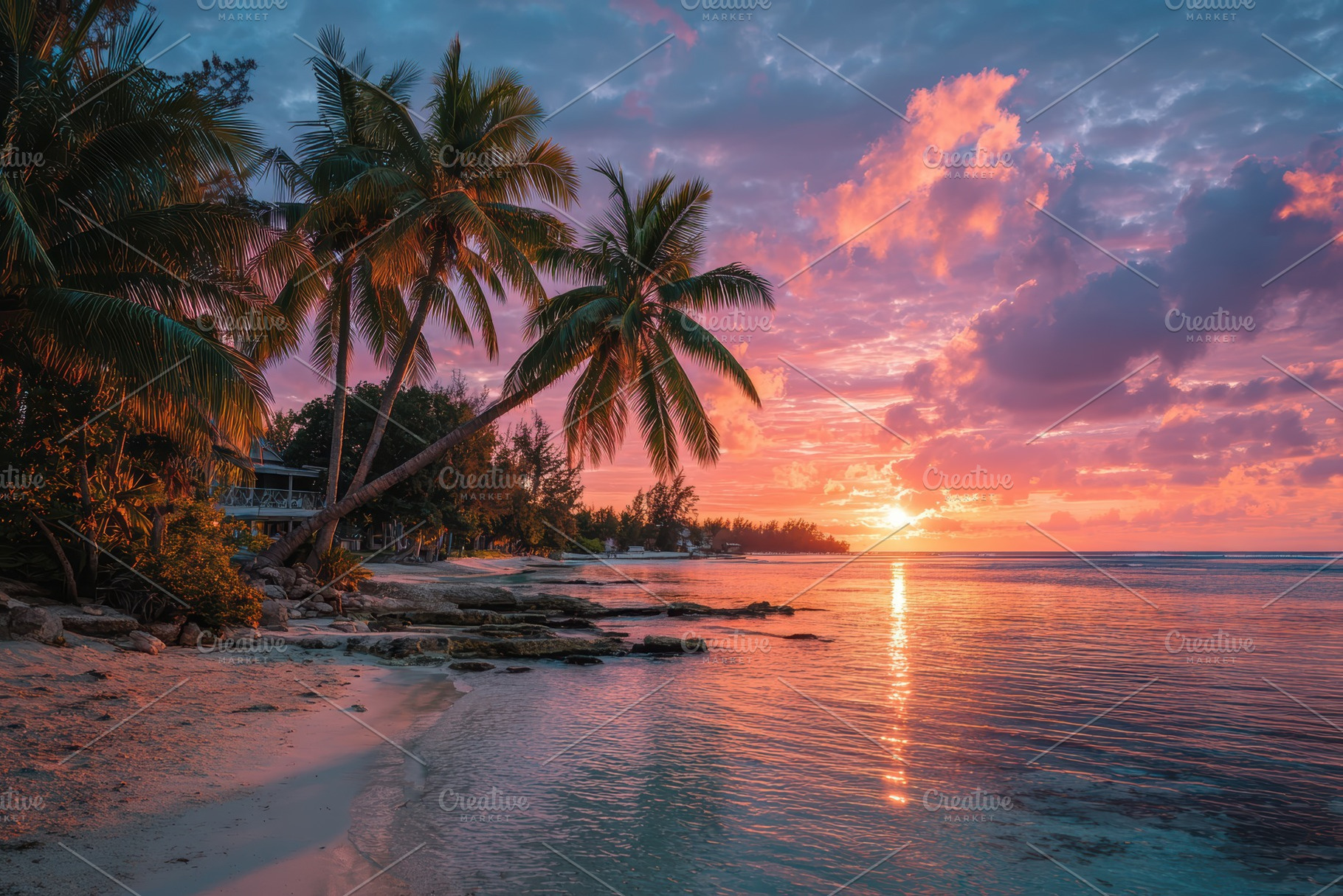 Tropical beach sunset palm trees oce, a Photo by Pixeness Studio