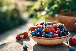 Berry picking activity in a sunlit outdoor setting with a vibrant bowl of fresh, a Food & Drink Photo by AlyaAnd