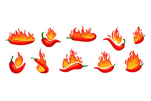 Cartoon hot chilli peppers with fire, a Food Illustration by Ksania