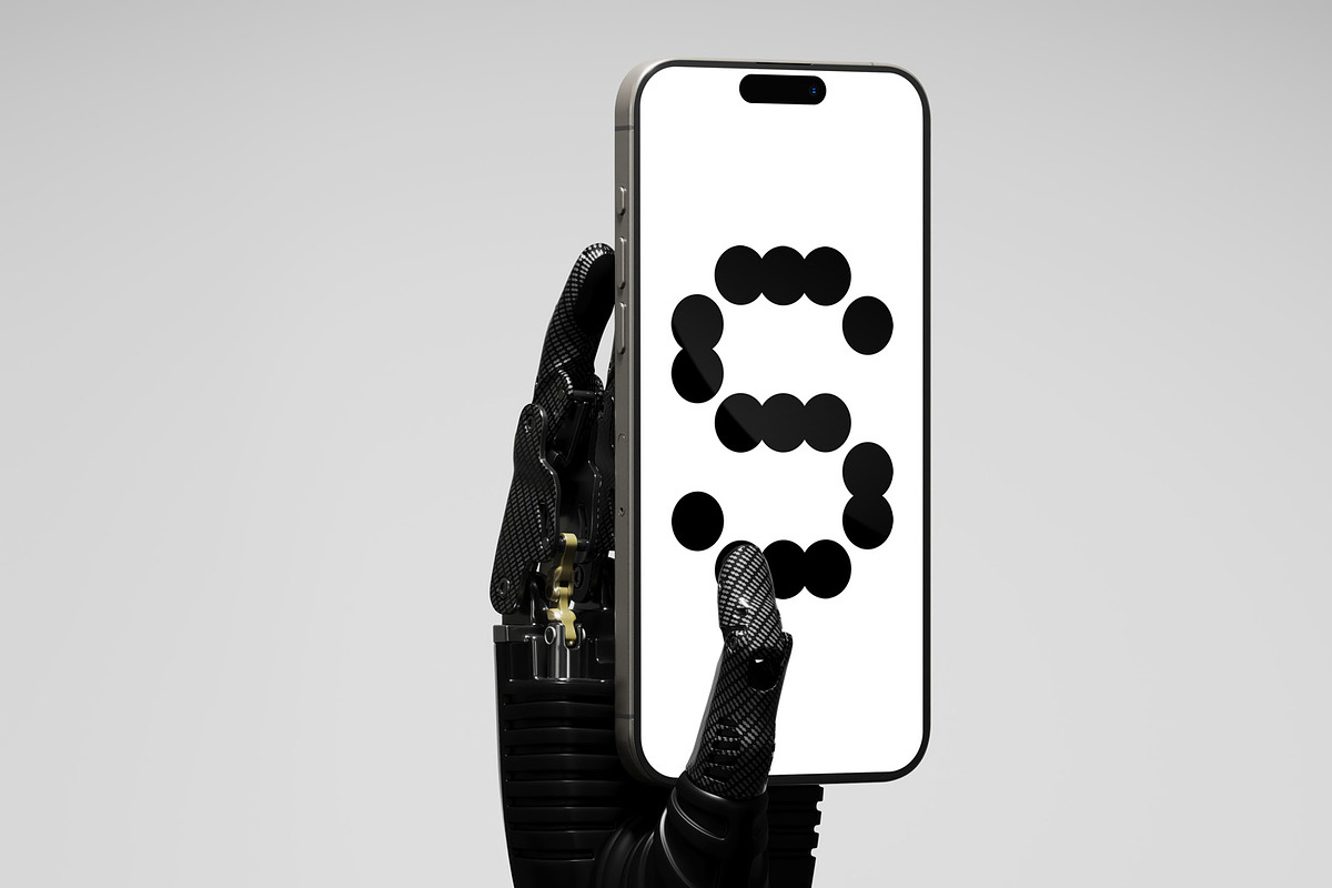 Robot Hand iPhone Pro Max Mockup, a Mockup by TRANSPARENT SOURCE