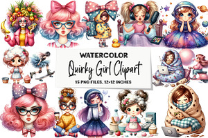 Watercolor Quirky Girl Clipart Bundl, an Illustration by DreamArtGraphic