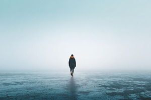 Solitary figure walking through a foggy landscape at dawn, a Photo by AlyaAnd