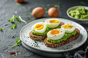 Toast rye bread with avocado puree and hard boiled eggs on grey background, a Food & Drink Photo by AlyaAnd