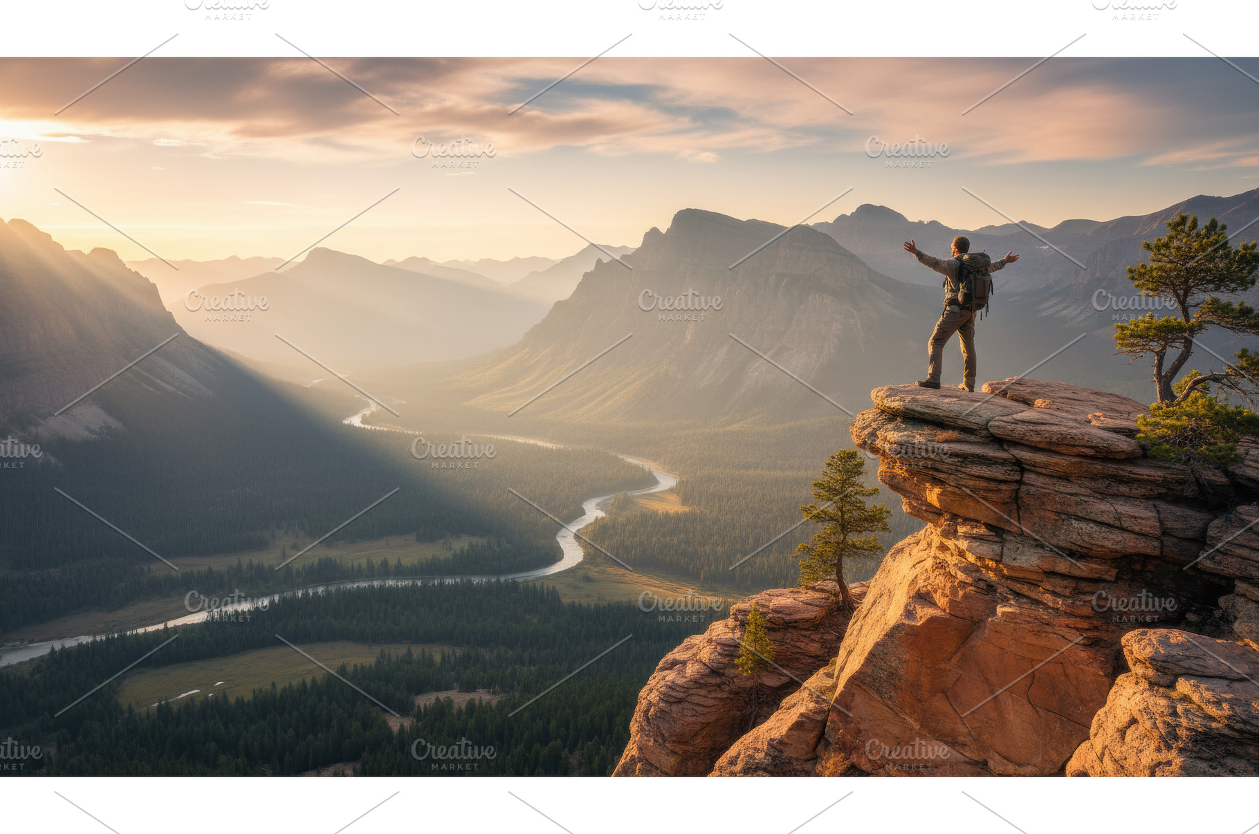 Hiker stands with arms raised in, a Nature Photo by Igor Tichonow
