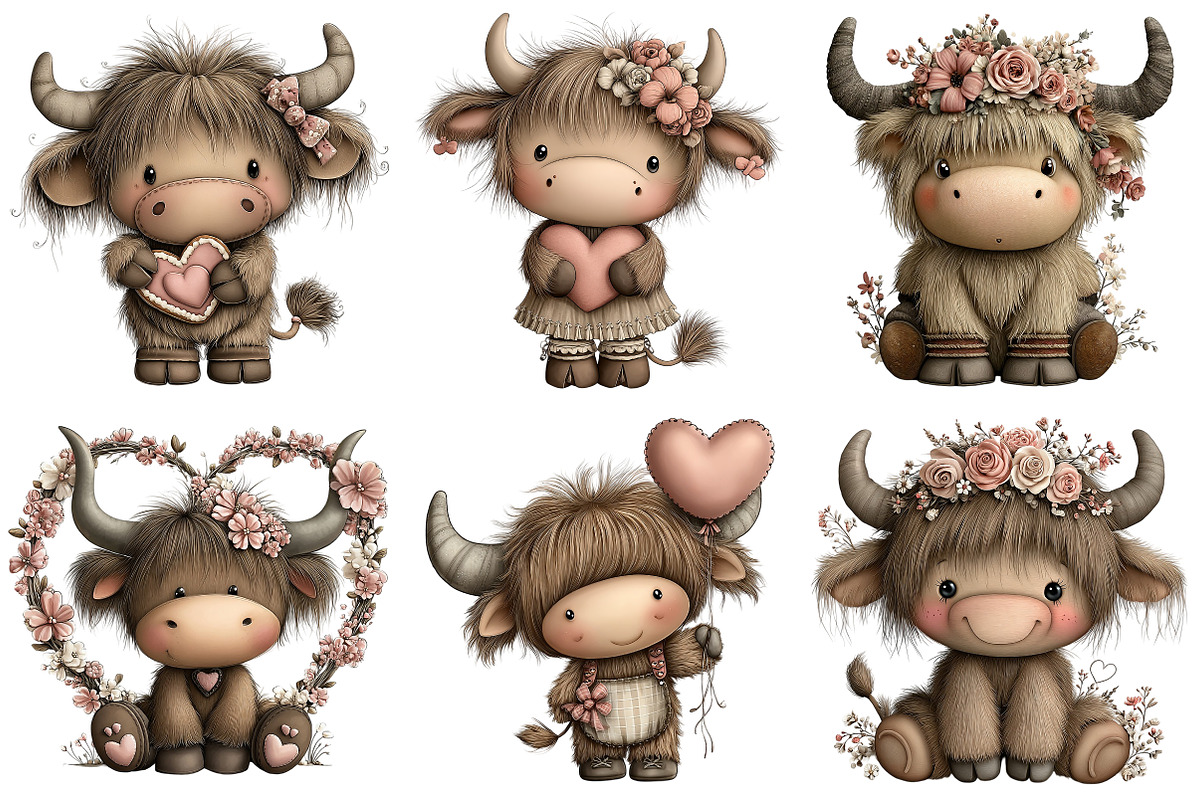 Quirky Valentine Highland Cow Clipar, an Illustration by Craft Nest (Photo 4 of 10)