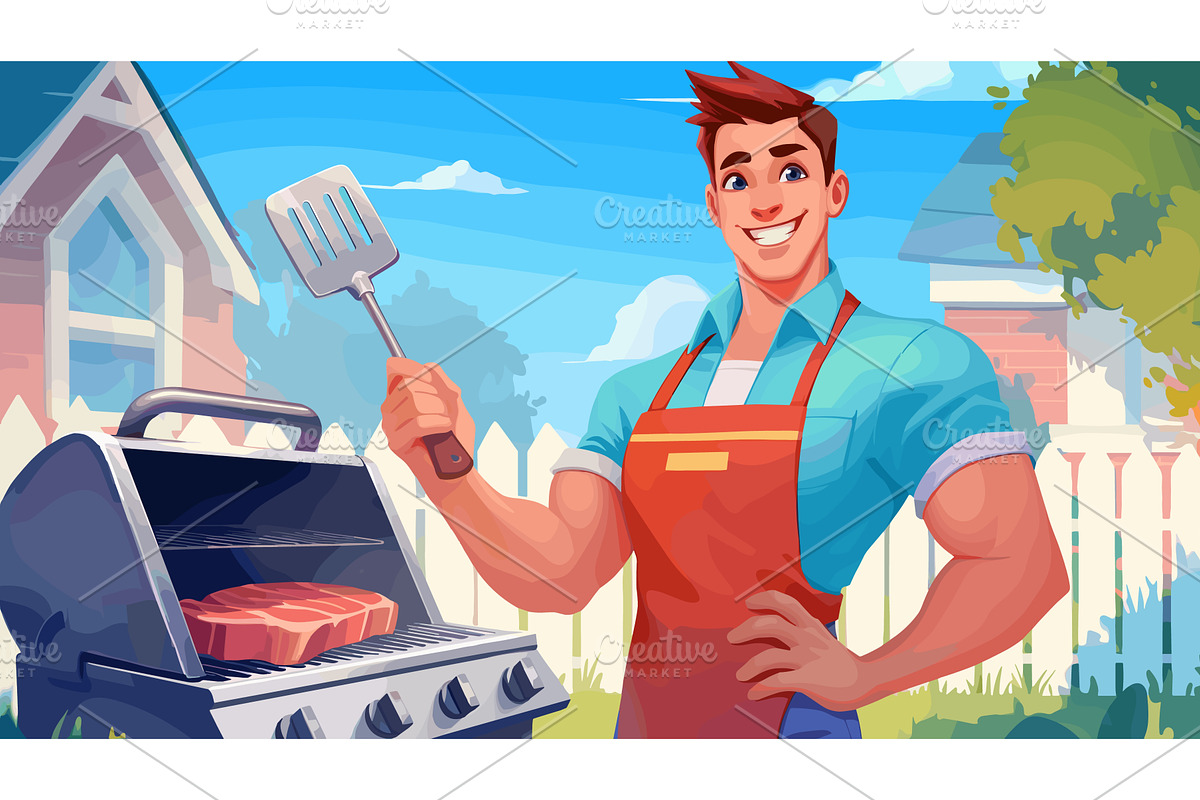 Man cooking barbecue. Cartoon happy, a Person Illustration by Stock-Smart-Start