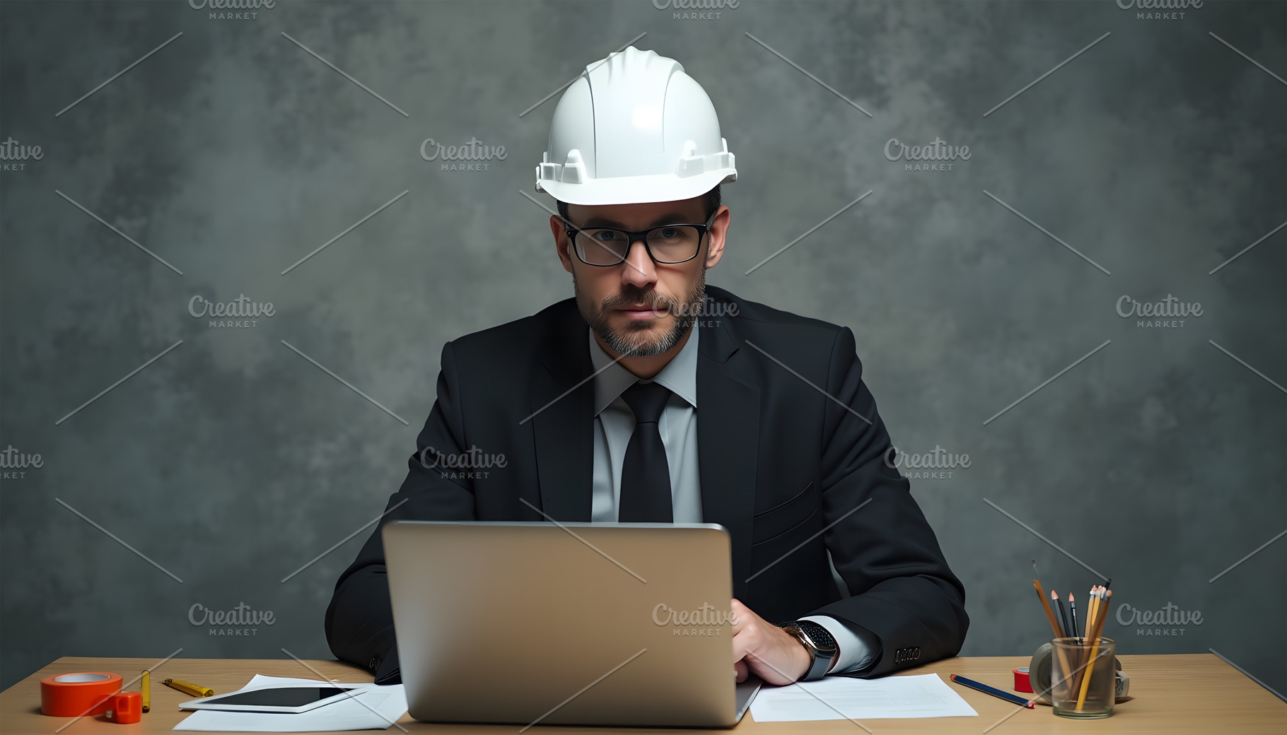 Architect Working on Laptop Wearing, a Business Photo by Stock Shape